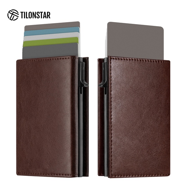 TILONSTAR TC302WM New Style Customized Aluminum RFID Credit Case Pop up Wallet Leather Business Card Holder for Card