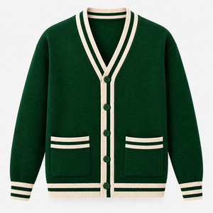 Cárdigan de punto verde con cuello en V para mujer, de acrílico, con bordado de parche de moda, color liso, para invierno, de la hermandad universitaria. - Product Image 1