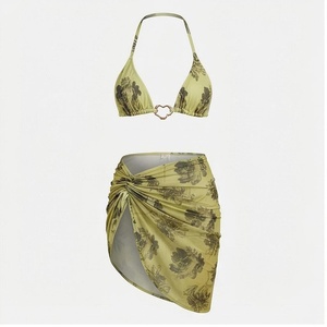 Ensemble bikini 2 pièces à imprimé floral avec haut dos nu et jupe portefeuille pour femme - Product Image 1