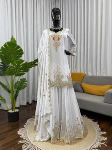 Conjunto de Salwar Kameez Blanco Bordado Reversible de Secado Rápido, Kurta de Faux Georgette, Pantalón y Dupatta, Traje Tradicional Indio Pakistaní - Product Image 2