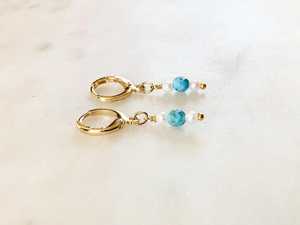 Natural Handmade Stylish Turquoise and Pearl Huggie Hoop <b>Earrings</b> <b>Gold</b> or Silver Leverback Gemstone Stack Dangle Jewelry - Product Image 1