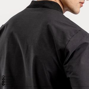 Men's Black Bomber <b>Jacket</b> Casual Zipper Closure Solid Color Polyester Regular Fit Turn-down Collar Autumn Wear For Unisex - Product Image 5