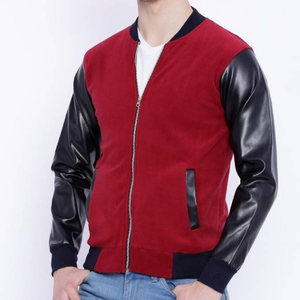 Chaqueta Varsity Roja para Hombre con Mangas de Cuero PU Negro, Cierre de Cremallera Frontal, Chaqueta Bomber Informal para Otoño - Product Image 3