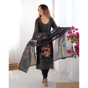 Ensemble de costume pour femme avec haut, pantalon et dupatta en jacquard et imprimé numérique - Product Image 2
