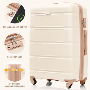 Set portabagagli USB da 20 pollici guscio rigido in stile Beige dorato certificato aereo con ruote Spinner portabicchieri 3 bagaglio a mano - Product Image 4