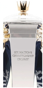 Trofeo Mundial de Rugby de Metal Plateado con Cintas Azules de la RBS sobre Base Negra - Product Image 3