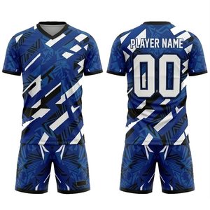 Conjunto de Camiseta de Fútbol Sublimada Personalizada, Cuello en V, Manga Corta, Estampado Geométrico, Absorbe la Humedad, Uniforme Azul para Adultos, Todas las Temporadas - Product Image 1