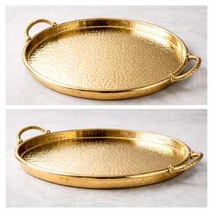 Handmade Hammered Polished Metal Commercial Grade Dishwasher Safe Easy Clean Food Serving <b>Trays</b> <b>Handle</b> Catering Ramadan Eid Home - Product Image 3