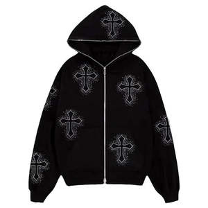 Sudadera con Capucha y Cremallera para Hombre, Estilo Gótico con Cruz de Pedrería, Oversize, Tejida, Manga Regular, Diseño Brillante, Estilo Otoñal - Product Image 1