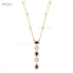 Collier Lariat Tendance en Or Massif 14 carats avec Grenat et Diamant Naturels Sertis à Griffes 5x3mm, Fait Main, Longue Chaîne pour Femme - Product Image 4