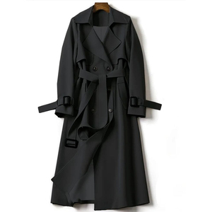 Manteau long élégant noir pour femme, double boutonnage, col à revers, avec ceinture, imperméable, en polyester tissé léger, pour l'automne - Product Image 1