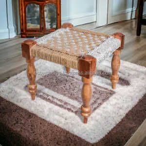 Handcrafted Space Saving Wooden Peeda <b>Stool</b> <b>Ottoman</b> with Bone Inlay-Modern Design for Bedroom & Living Room - Product Image 3