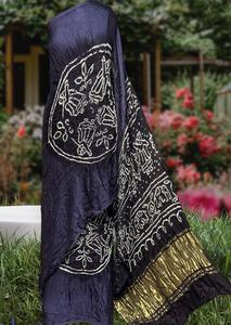 Sari de Seda Azul Pintado a Mano para Mujer, Tradicional Indio y Pakistaní, para Boda, Largo hasta el Suelo, Étnico, Corte Regular, para Todas las Estaciones - Product Image 3