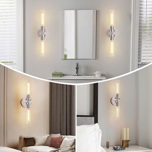 Set di Due Moderne Applique da Parete a Filo Fisso in Nichel Spazzolato, Illuminazione per Bagno con Vetro Trasparente, Elegante Decorazione Murale - Product Image 2