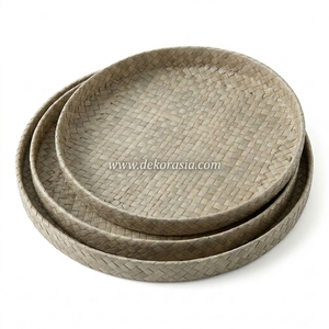 Plateau de service rond en Pandanus, couleur naturelle, fait main, élégant, Asie, Indonésie, lot de 3, décoration de Noël - Product Image 2