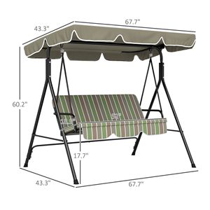Fauteuil balançoire d'extérieur 3 places beige-vert avec coussin, inclinaison réglable, auvent et support en acier pour jardin, mobilier de jardin - Product Image 3
