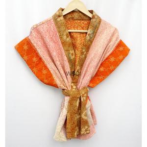 WOODEN BLOCK CRAFT INDIA Reversible Quilted Kantha Kimono Jacket Short Front Belt Closure Organic Cotton Eco-Friendly Women's - Product Image 1