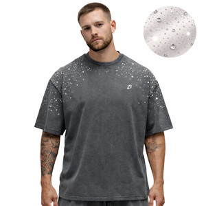 T-shirt Homme Tendance Délavé à l'Acide avec Strass, Coupe Oversize, Coton Épais, Style Vintage Streetwear Décontracté Gris – Fournisseur en Gros - Product Image 1