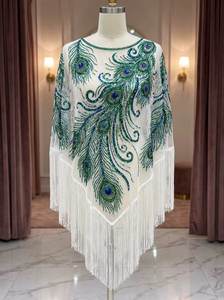 High-End <b>Black</b> Mesh Gold Beaded <b>Cape</b> Custom Hand-Stitched Tassel <b>Poncho</b> for Stage Performance & Runway Fashion - Product Image 3