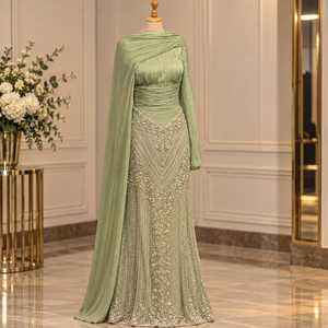Robe de soirée sirène en satin vert sauge perlé pour femme – Élégante, longue, sans manches, parfaite pour les occasions formelles - Product Image 1