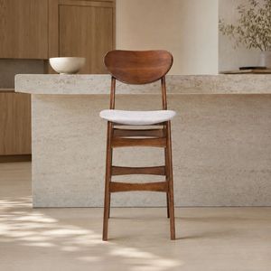 Mid-Century Modern Grey Fabric Upholstered <b>Bar</b> <b>Stools</b>, Walnut Brown Finished Wood Counter Chairs, Set of <b>2</b> for a Kitchen Island - Product Image 1