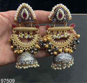 Pendientes de tuerca oxidados de plata alemana Jhumka hechos a mano de diseñador Jaipur para mujer para ropa de fiesta informal para mujer - Product Image 6