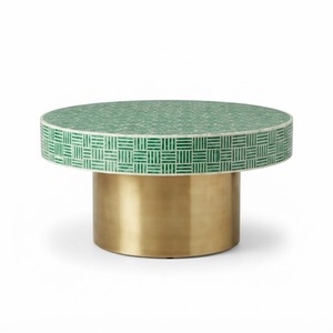 Mesa de Centro Redonda Hecha a Mano con Incrustaciones de Hueso Azul y Patas de Latón, Mesa de Centro de Resina con Patrón Floral Premium para Sala de Estar u Hotel - Product Image 2