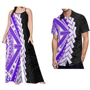 Conjuntos Polinesios al por Mayor para Parejas, Camisa Casual con Estampado Dorado Samoano para Hombre y Rompers de Talla Grande para Mujer, Conjuntos de 2 Piezas, Ropa Tribal - Product Image 1