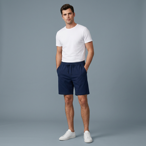 Pantalones Cortos de Hombre 100% Algodón, Color Sólido, Cintura Elástica, Transpirables, Casuales, Tejidos, con <span class=keywords><strong>Bolsillos</strong></span>, Azul Oscuro, Resistentes al Viento, Ecológicos - Product Image 2