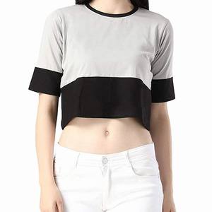 Women's Cropped Blouse Short Sleeve Crew Neck Color Blocked Knitted Casual <b>Top</b> Regular Fit Spring Summer White Black Spliced - Product Image 1