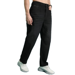Jean en denim de coton noir uni pour homme, taille haute, coupe droite, coupe classique, poids moyen, pour l'automne - Product Image 4