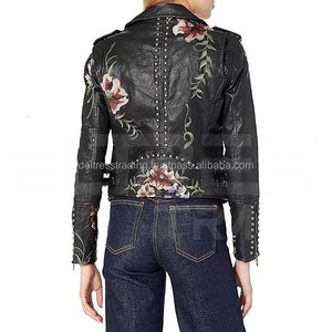 Love and Leave Veste de motard de moto à fleurs Veste en cuir véritable de moto noire cloutée Vestes pour femmes en cuir d'origine - Product Image 3