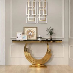 Console en marbre noir avec base en forme de lune croissante dorée, disponible à prix de gros. - Product Image 1