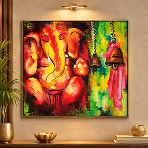 Modern Abstract Ganesha <b>Canvas</b> Wall Art Hand-Painted Acrylic Painting <b>Frame</b> Indoor Decor Red Yellow Green Colors ARTHUB SHILPA - Product Image 3