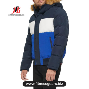เสื้อแจ็คเก็ตพัฟเฟอร์บุขนสำหรับผู้ชาย สีบลู เนวี ไวท์ ทรงปกติ กันลม มีฮู้ด เหมาะสำหรับฤดูหนาว - Product Image 3