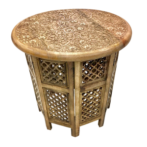 Mesa auxiliar plegable de madera maciza de mango, estilo marroquí, hecha a mano, con superficie redonda y acabado marrón antiguo, para decoración de la sala de estar. - Product Image 5