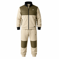 Survêtement Homme Beige Olive Color Block Épais avec Veste Zippée et Pantalon de Survêtement – Tenue Décontractée Hiver Respirante en Polyester Coton