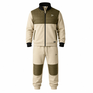 Men's Beige Olive Color Block Heavyweight Tracksuit Full Zip <b>Jacket</b> Sweatpants Casual <b>Winter</b> Wear Breathable Polyester Cotton - Product Image 1