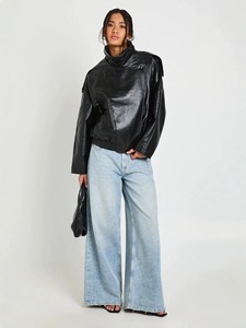 Blouson court en cuir PU pour femme, style européen et américain, col montant, coupe ample, décontracté, style urbain, texturé, polyvalent, style motard - Product Image 3
