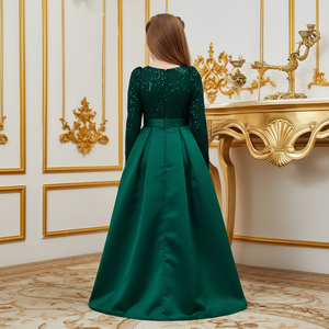 Vestido Largo Verde con Lentejuelas y Flores para Niña, Cuello en V, Bordado de Terciopelo, Vestido Elegante para Cumpleaños, Boda, Fiesta, Ropa Infantil - Product Image 4