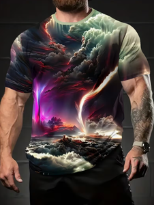 Camiseta de Manga Corta con Cuello Redondo para Hombre, con Estampado de Cielo Nublado, Corte Regular, Ropa Casual, Tejido de Poliéster Transpirable - Product Image 1