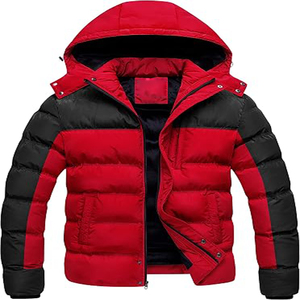 Blouson matelassé à capuche pour homme, rouge et noir, coupe-vent, en polyester, fermeture éclair, manteau d'hiver décontracté et épais - Product Image 1