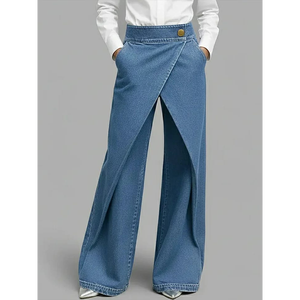 Pantalon en jean asymétrique à jambes larges (ou "Jean palazzo croisé à l'avant") - Product Image 1