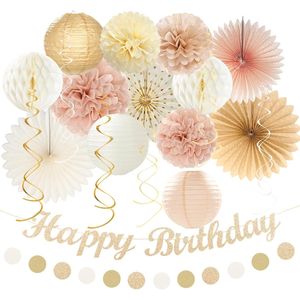 Set di 21 Decorazioni Autunnali Neutre Retrò con Striscione 'Happy' in Oro Champagne e Beige per Feste di Compleanno in Stile Boho - Product Image 3