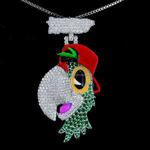 Pendentif oiseau en émail en argent sterling 925 Design personnalisé Bail Colorful Moissanite Diamond Hip Hop Perroquet Pendentif - Product Image 1