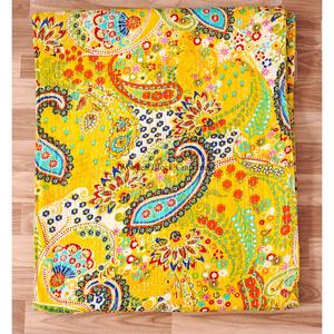 Colcha Kantha de algodón 100% orgánico, hecha a mano, de alta calidad, con estampado paisley amarillo vintage, ecológica, de doble tamaño, para todas las estaciones. - Product Image 1