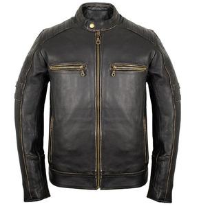 Blouson de moto vintage noir en cuir pour homme, avec épaulettes, style Cafe Racer, finition antique, poches zippées, vêtement rétro pour la conduite sur route - Product Image 1