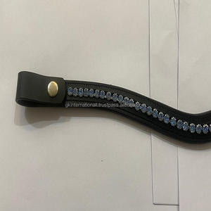 Bande de sourcils de cheval en cuir, forme incurvée de luxe, canal vide, décoré avec 1 rangée de strass en cristal bleu saphir, bande de sourcils bling - Product Image 1