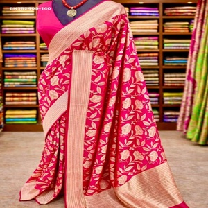 Sari en Soie Crêpe Khadi de Qualité Supérieure avec Tissage Floral Jaal et Bordure Zari – Collection de Saris Fournisseur Mondial - Product Image 1