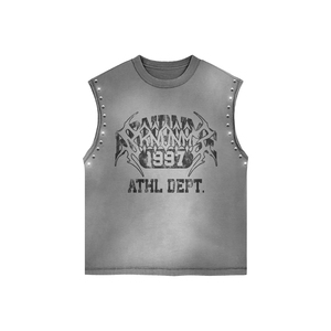 Ensemble gilet et short pour homme gris délavé à l'acide, 100% coton tricoté, style urbain, imprimé graphique, coupe oversize, avec strass - Product Image 2